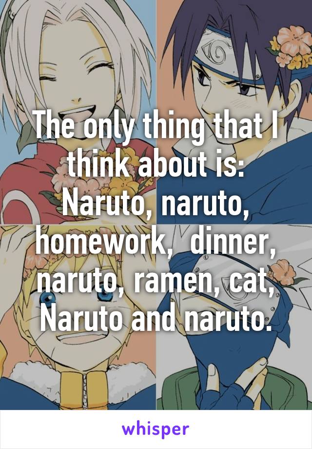 The only thing that I think about is: Naruto, naruto, homework,  dinner, naruto, ramen, cat, Naruto and naruto.