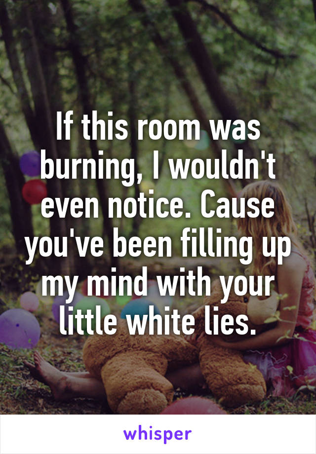 If this room was burning, I wouldn't even notice. Cause you've been filling up my mind with your little white lies.