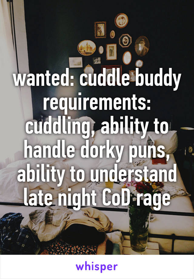 wanted: cuddle buddy
requirements: cuddling, ability to handle dorky puns, ability to understand late night CoD rage