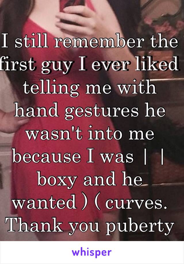 I still remember the first guy I ever liked telling me with hand gestures he wasn't into me because I was | | boxy and he wanted ) ( curves. Thank you puberty