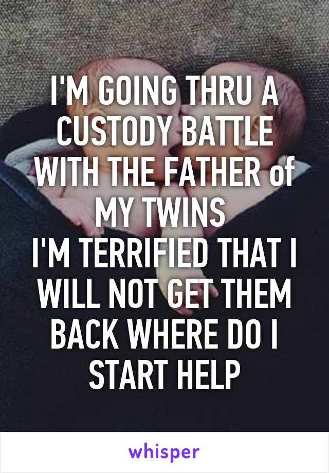 I'M GOING THRU A CUSTODY BATTLE WITH THE FATHER of MY TWINS 
I'M TERRIFIED THAT I WILL NOT GET THEM BACK WHERE DO I START HELP