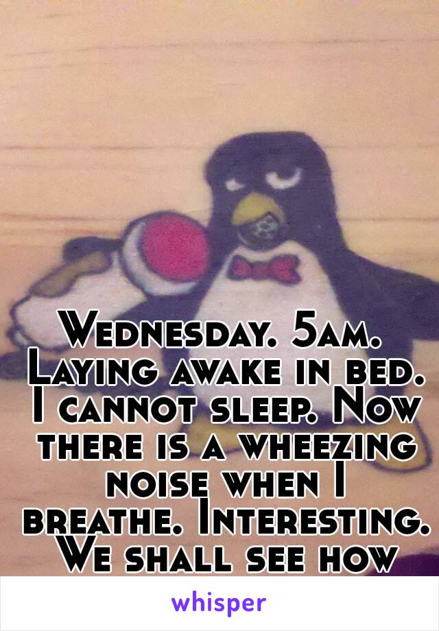 Wednesday. 5am. Laying awake in bed. I cannot sleep. Now there is a wheezing noise when I breathe. Interesting. We shall see how this progresses.