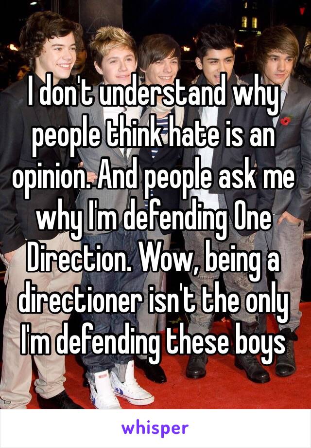 I don't understand why people think hate is an opinion. And people ask me why I'm defending One Direction. Wow, being a directioner isn't the only I'm defending these boys