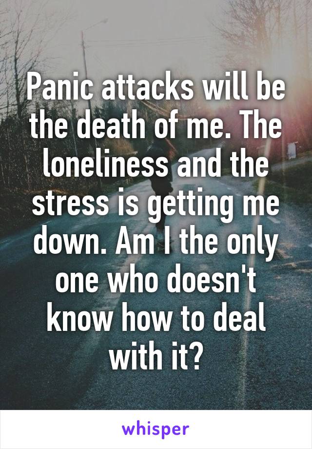 Panic attacks will be the death of me. The loneliness and the stress is getting me down. Am I the only one who doesn't know how to deal with it?