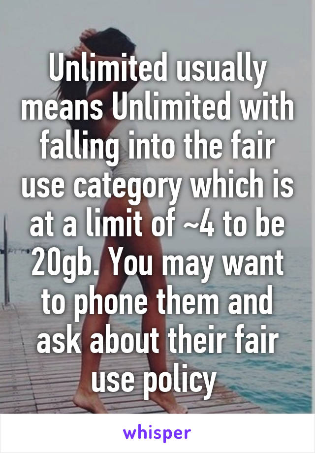 Unlimited usually means Unlimited with falling into the fair use category which is at a limit of ~4 to be 20gb. You may want to phone them and ask about their fair use policy 