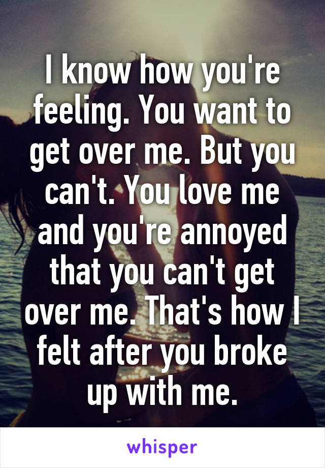 I know how you're feeling. You want to get over me. But you can't. You love me and you're annoyed that you can't get over me. That's how I felt after you broke up with me.