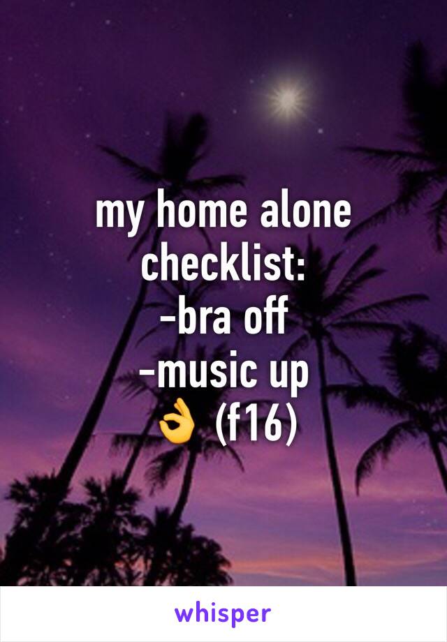 my home alone checklist:
-bra off
-music up
👌 (f16)