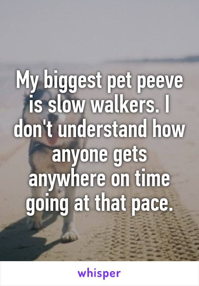 My biggest pet peeve is slow walkers. I don't understand how anyone gets anywhere on time going at that pace.