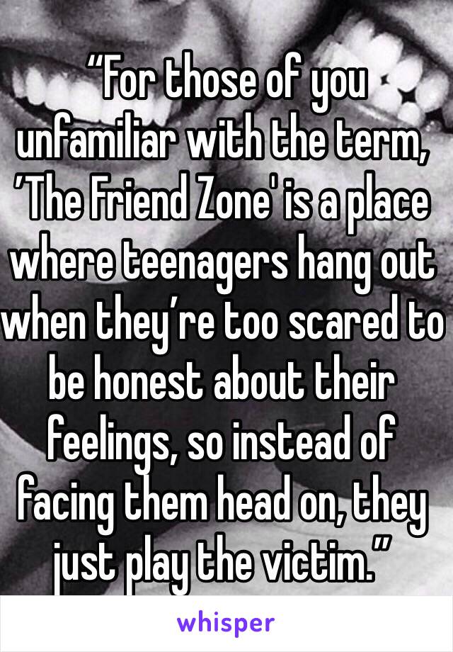  “For those of you unfamiliar with the term, ’The Friend Zone' is a place where teenagers hang out when they’re too scared to be honest about their feelings, so instead of facing them head on, they just play the victim.”