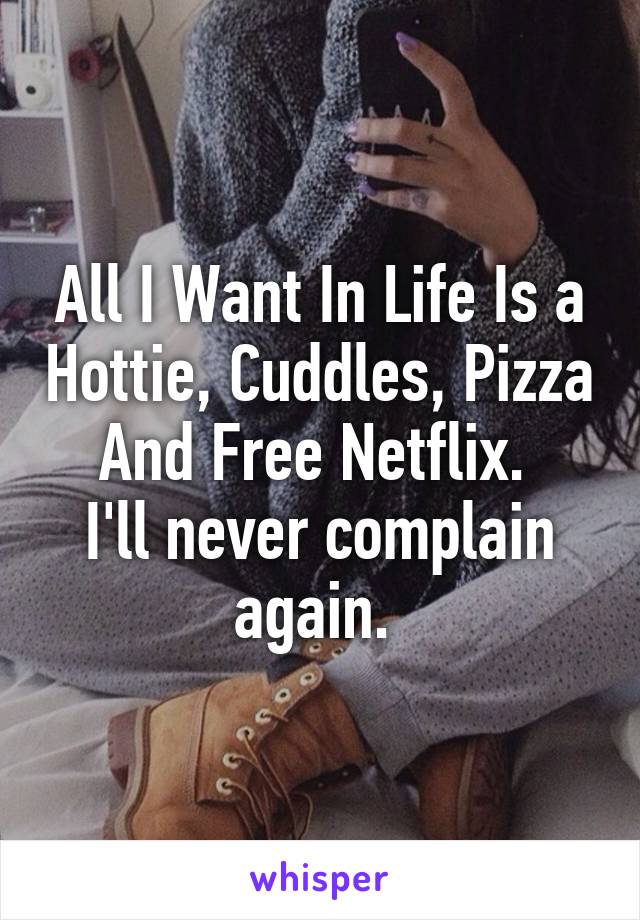 All I Want In Life Is a Hottie, Cuddles, Pizza And Free Netflix. 
I'll never complain again. 