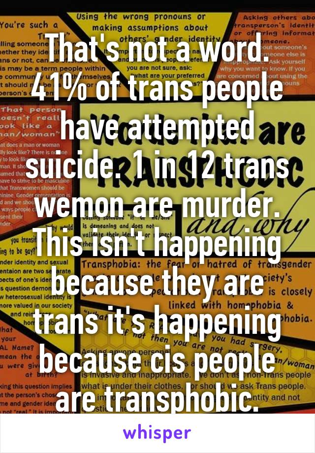 That's not a word. 41% of trans people have attempted suicide. 1 in 12 trans wemon are murder. This isn't happening because they are trans it's happening because cis people are transphobic.