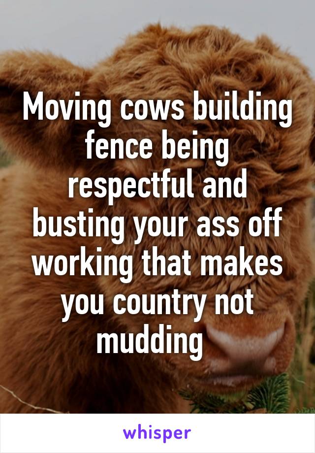 Moving cows building fence being respectful and busting your ass off working that makes you country not mudding  