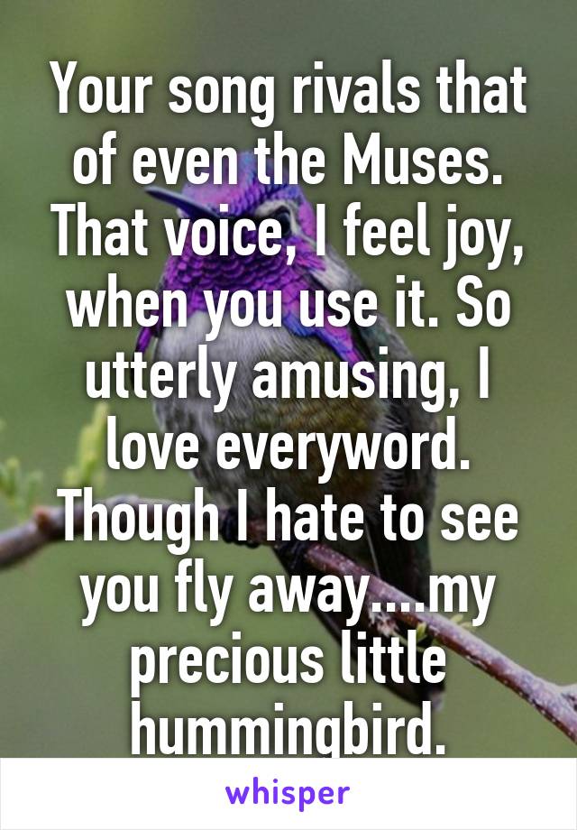 Your song rivals that of even the Muses. That voice, I feel joy, when you use it. So utterly amusing, I love everyword. Though I hate to see you fly away....my precious little hummingbird.