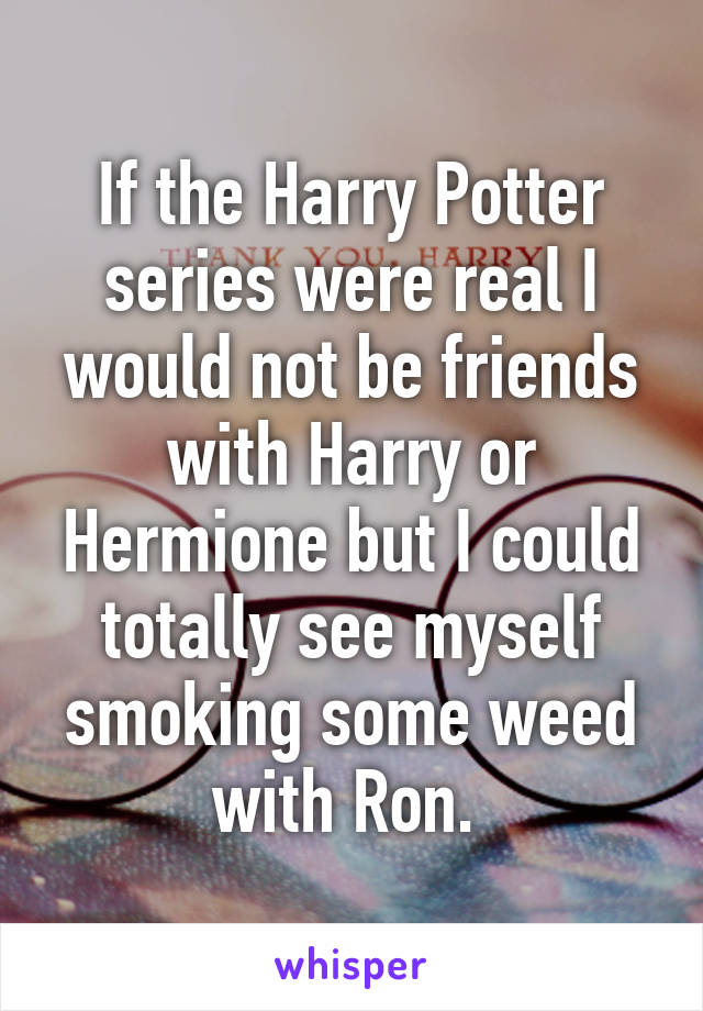 If the Harry Potter series were real I would not be friends with Harry or Hermione but I could totally see myself smoking some weed with Ron. 