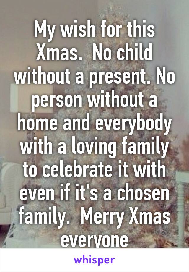 My wish for this Xmas.  No child without a present. No person without a home and everybody with a loving family to celebrate it with even if it's a chosen family.  Merry Xmas everyone