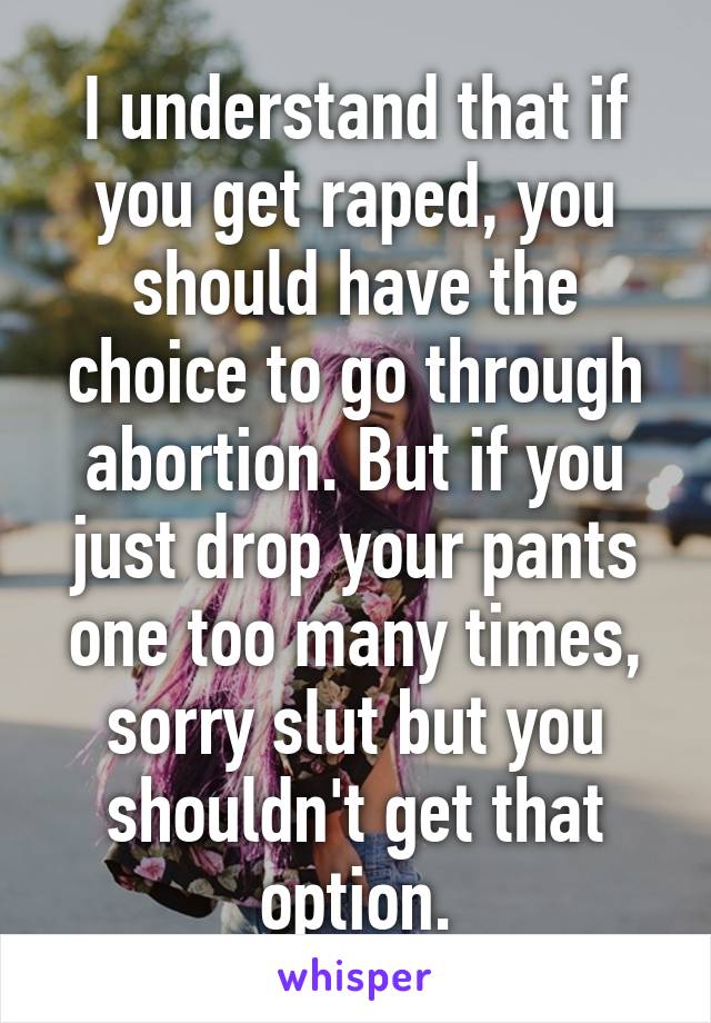 I understand that if you get raped, you should have the choice to go through abortion. But if you just drop your pants one too many times, sorry slut but you shouldn't get that option.