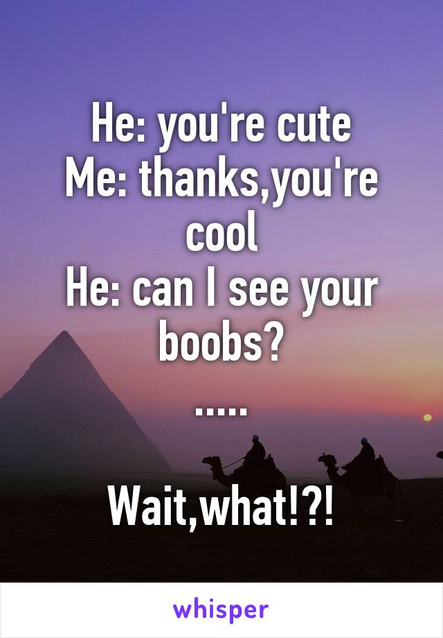 He: you're cute
Me: thanks,you're cool
He: can I see your boobs?
.....

Wait,what!?!