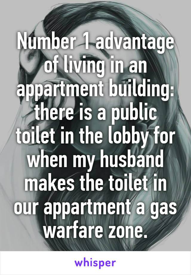 Number 1 advantage of living in an appartment building: there is a public toilet in the lobby for when my husband makes the toilet in our appartment a gas warfare zone.