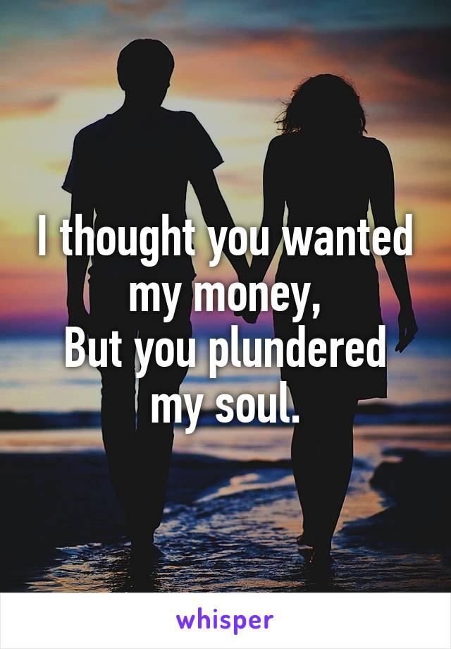 I thought you wanted my money,
But you plundered my soul.