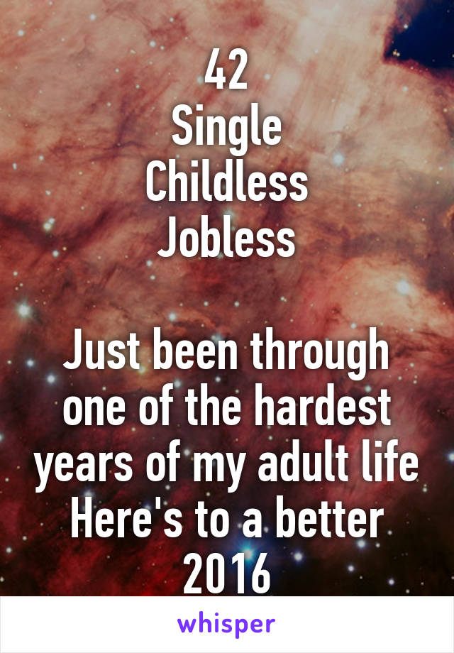 42
Single
Childless
Jobless

Just been through one of the hardest years of my adult life
Here's to a better 2016