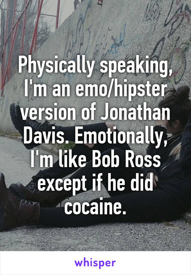 Physically speaking, I'm an emo/hipster version of Jonathan Davis. Emotionally, I'm like Bob Ross except if he did cocaine.