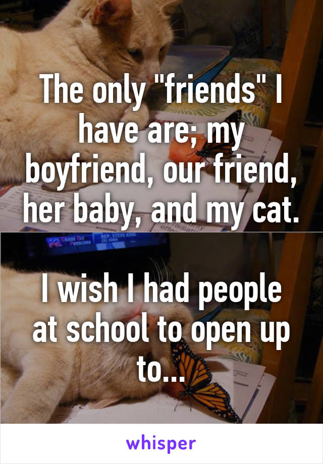 The only "friends" I have are; my boyfriend, our friend, her baby, and my cat. 
I wish I had people at school to open up to...