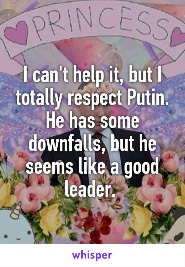 I can't help it, but I totally respect Putin. He has some downfalls, but he seems like a good leader. 