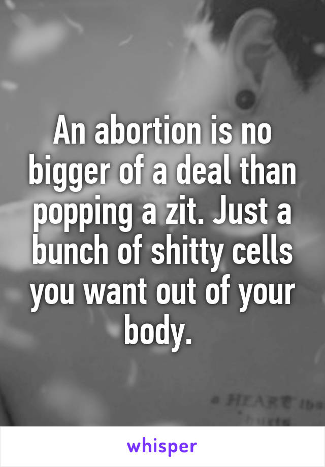 An abortion is no bigger of a deal than popping a zit. Just a bunch of shitty cells you want out of your body. 