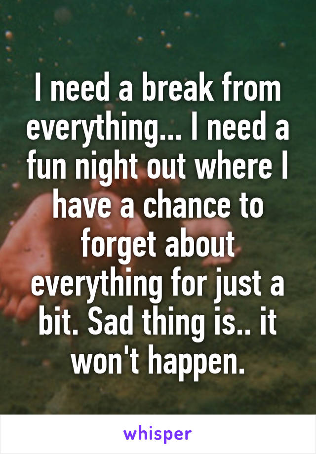 I need a break from everything... I need a fun night out where I have a chance to forget about everything for just a bit. Sad thing is.. it won't happen.