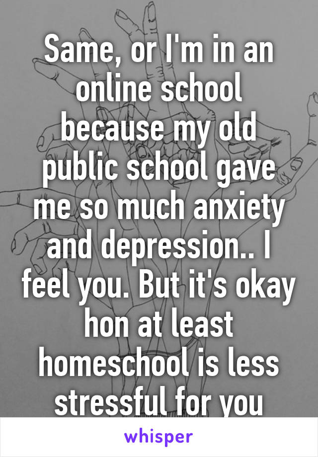 Same, or I'm in an online school because my old public school gave me so much anxiety and depression.. I feel you. But it's okay hon at least homeschool is less stressful for you