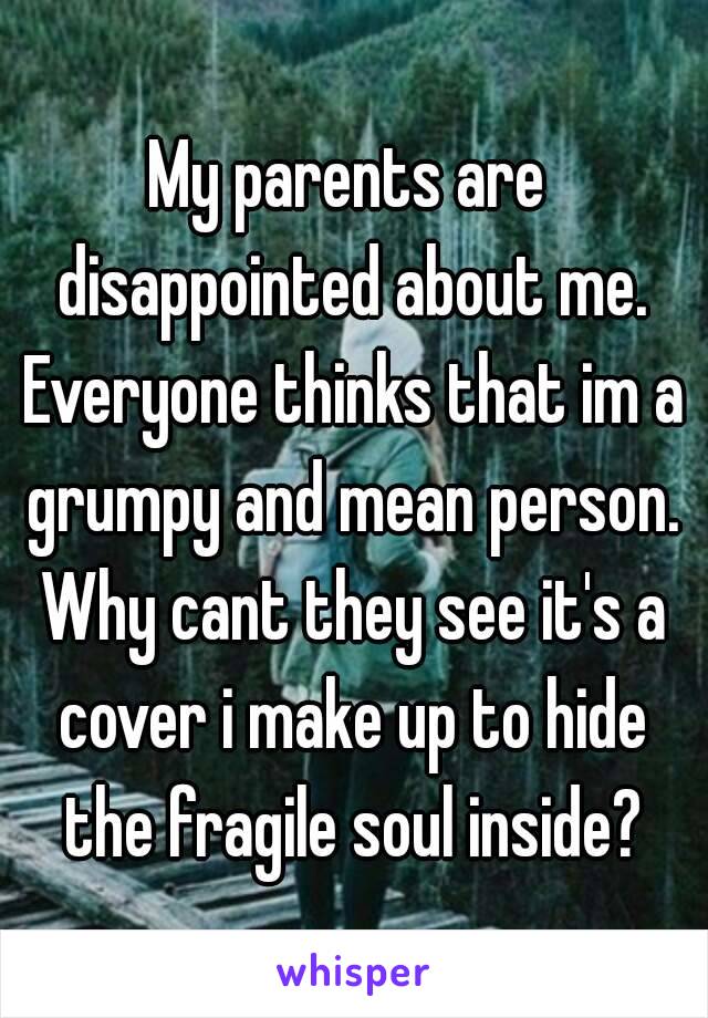 My parents are disappointed about me. Everyone thinks that im a grumpy and mean person. Why cant they see it's a cover i make up to hide the fragile soul inside?