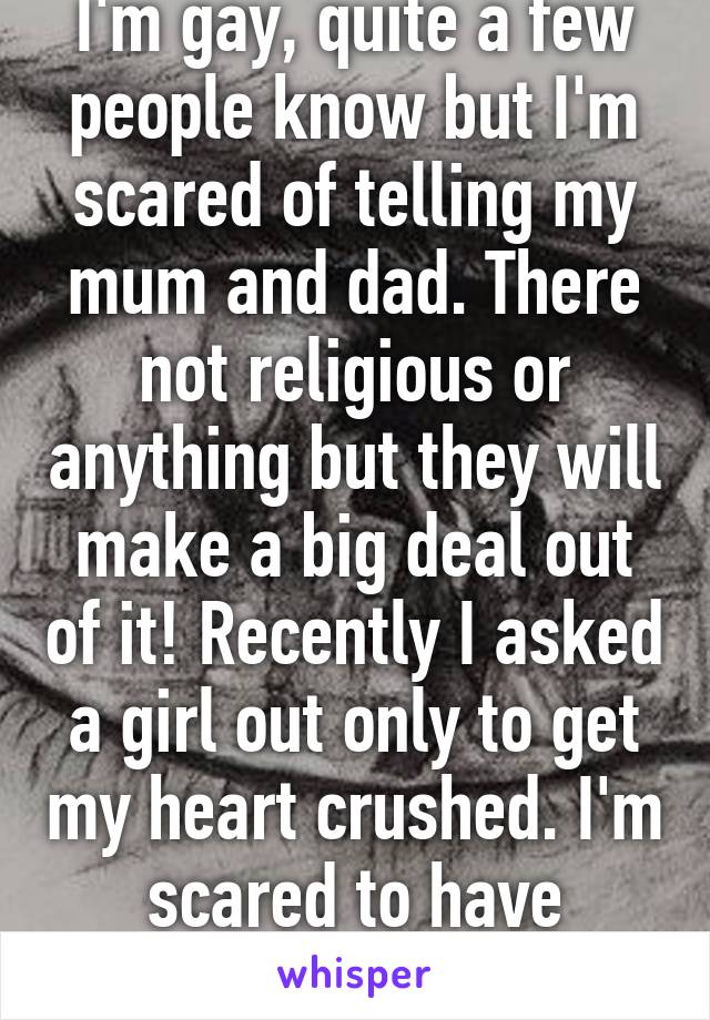 I'm gay, quite a few people know but I'm scared of telling my mum and dad. There not religious or anything but they will make a big deal out of it! Recently I asked a girl out only to get my heart crushed. I'm scared to have another gf!