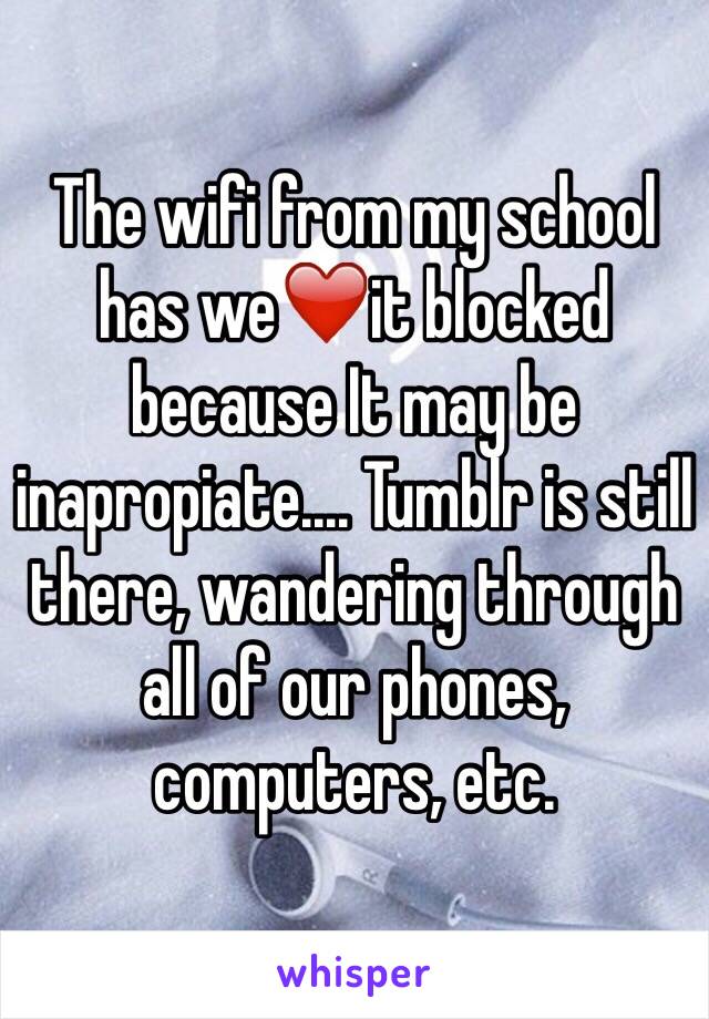 The wifi from my school has we❤️it blocked because It may be inapropiate.... Tumblr is still there, wandering through all of our phones, computers, etc.