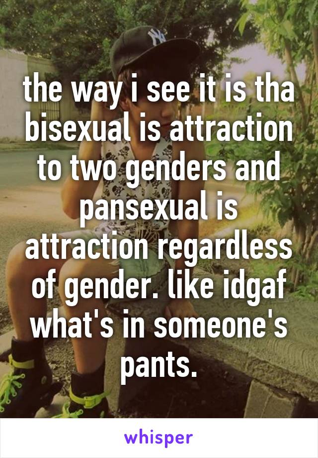 the way i see it is tha bisexual is attraction to two genders and pansexual is attraction regardless of gender. like idgaf what's in someone's pants.