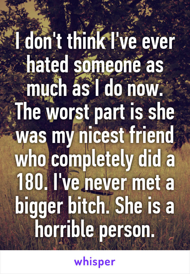 I don't think I've ever hated someone as much as I do now. The worst part is she was my nicest friend who completely did a 180. I've never met a bigger bitch. She is a horrible person.