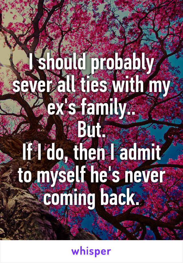 I should probably sever all ties with my ex's family..
But.
If I do, then I admit to myself he's never coming back.