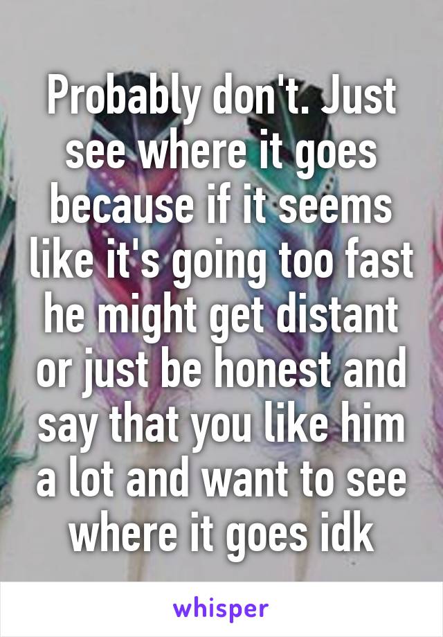 Probably don't. Just see where it goes because if it seems like it's going too fast he might get distant or just be honest and say that you like him a lot and want to see where it goes idk