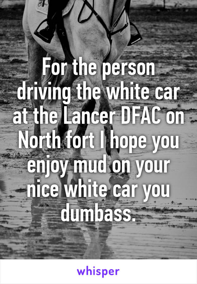 For the person driving the white car at the Lancer DFAC on North fort I hope you enjoy mud on your nice white car you dumbass.