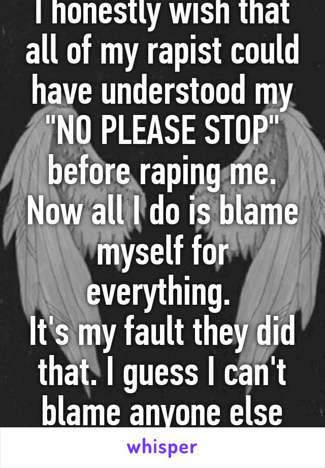 I honestly wish that all of my rapist could have understood my "NO PLEASE STOP" before raping me. Now all I do is blame myself for everything. 
It's my fault they did that. I guess I can't blame anyone else but me!