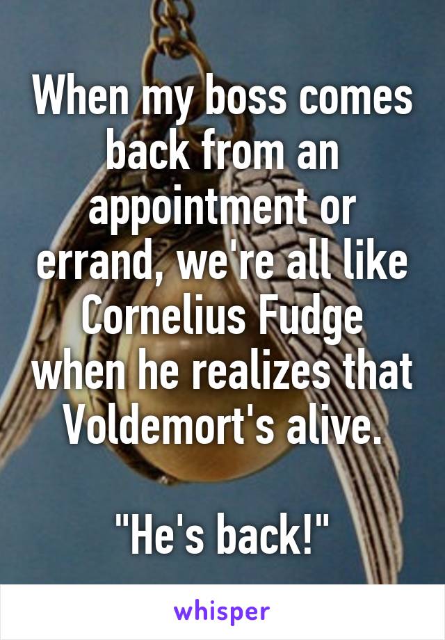 When my boss comes back from an appointment or errand, we're all like Cornelius Fudge when he realizes that Voldemort's alive.

"He's back!"