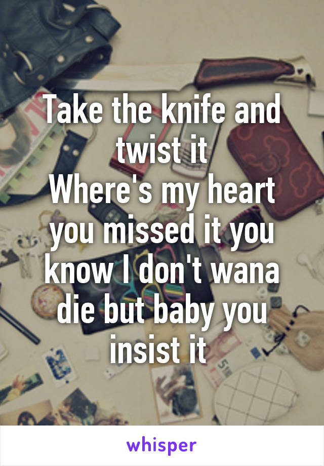 Take the knife and twist it
Where's my heart you missed it you know I don't wana die but baby you insist it 