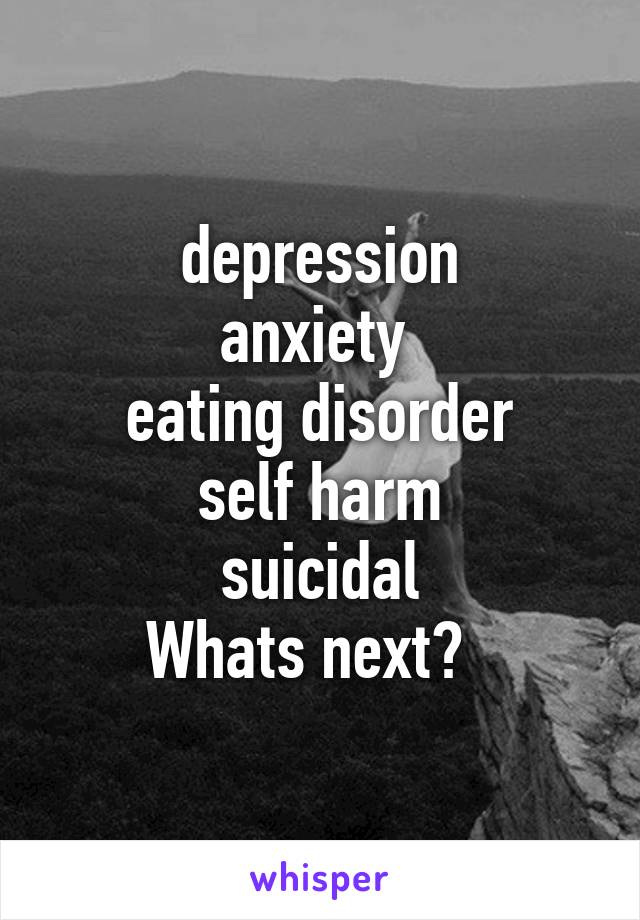 depression
anxiety 
eating disorder
self harm
suicidal
Whats next?  