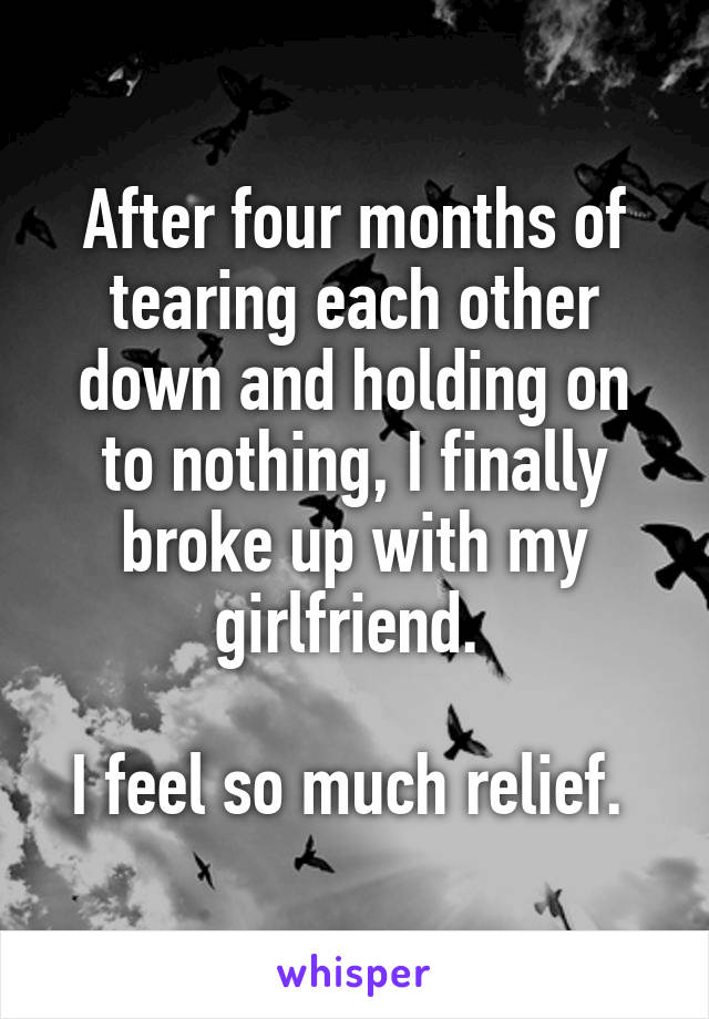 After four months of tearing each other down and holding on to nothing, I finally broke up with my girlfriend. 

I feel so much relief. 