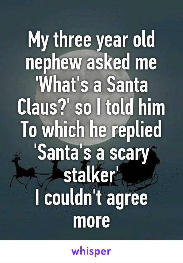 My three year old nephew asked me 'What's a Santa Claus?' so I told him
To which he replied 'Santa's a scary stalker'
I couldn't agree more