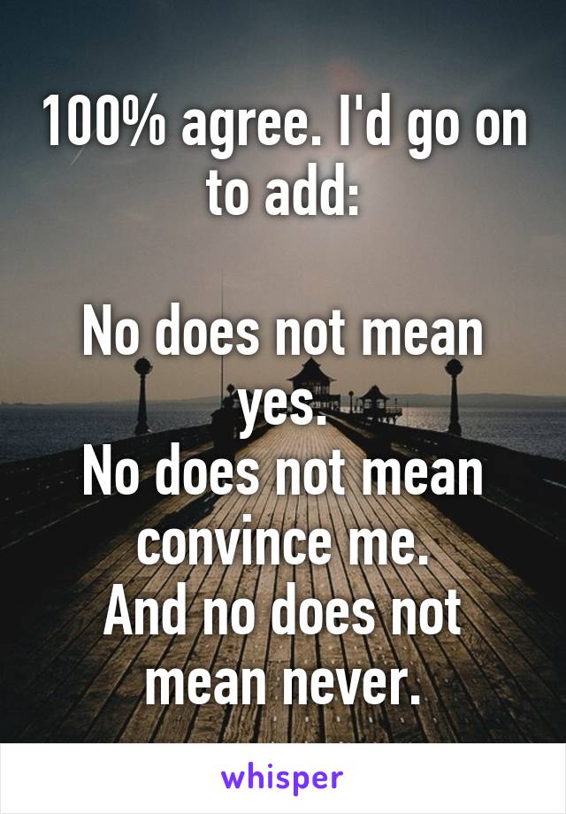 100% agree. I'd go on to add:

No does not mean yes.
No does not mean convince me.
And no does not mean never.