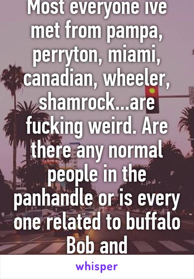 Most everyone ive met from pampa, perryton, miami, canadian, wheeler, shamrock...are fucking weird. Are there any normal people in the panhandle or is every one related to buffalo Bob and Mr.Rogers???