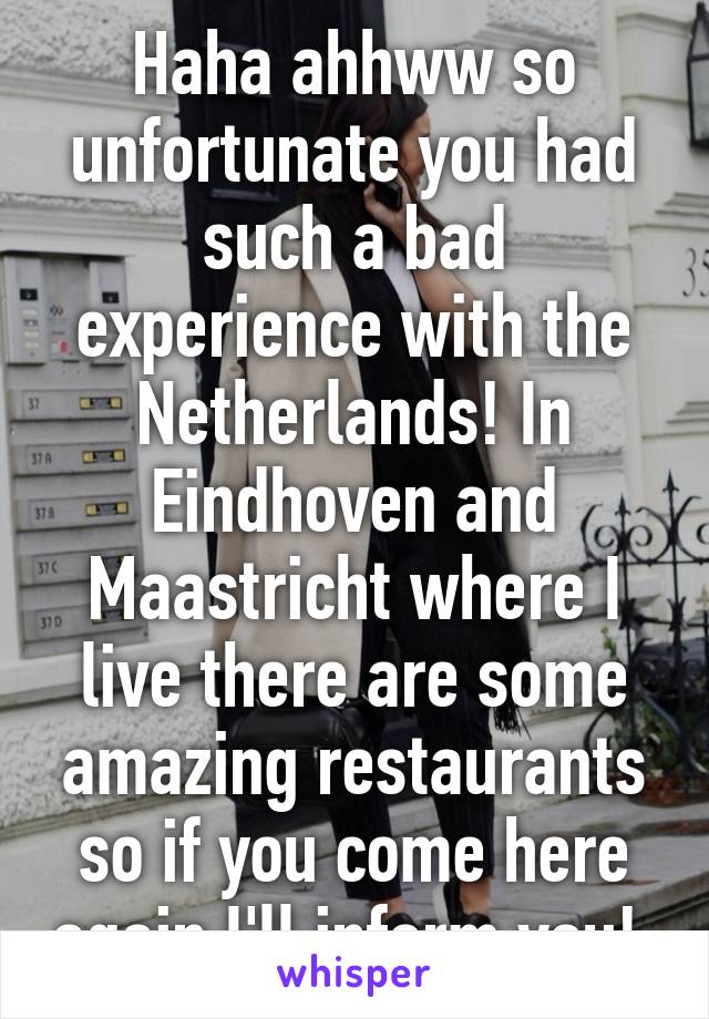 Haha ahhww so unfortunate you had such a bad experience with the Netherlands! In Eindhoven and Maastricht where I live there are some amazing restaurants so if you come here again I'll inform you! 