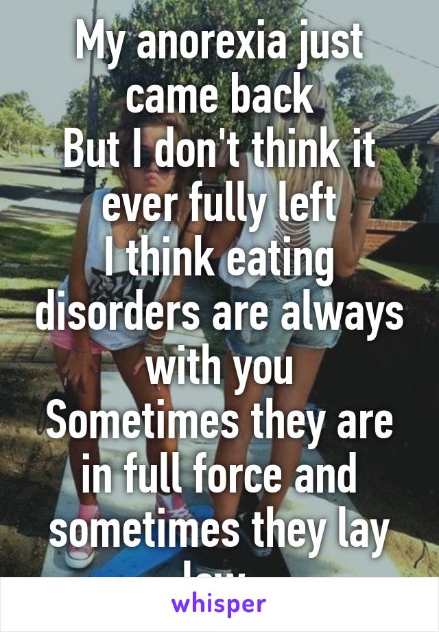 My anorexia just came back
But I don't think it ever fully left
I think eating disorders are always with you
Sometimes they are in full force and sometimes they lay low 