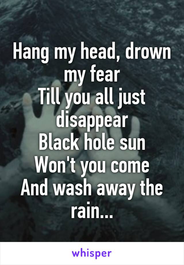 Hang my head, drown my fear
Till you all just disappear
Black hole sun
Won't you come
And wash away the rain...