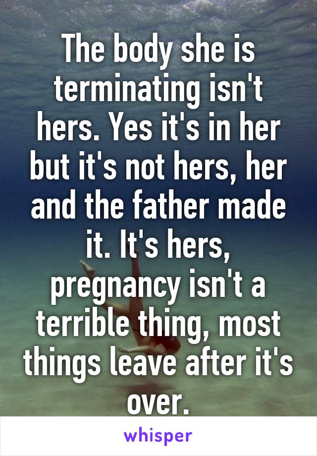 The body she is terminating isn't hers. Yes it's in her but it's not hers, her and the father made it. It's hers, pregnancy isn't a terrible thing, most things leave after it's over.